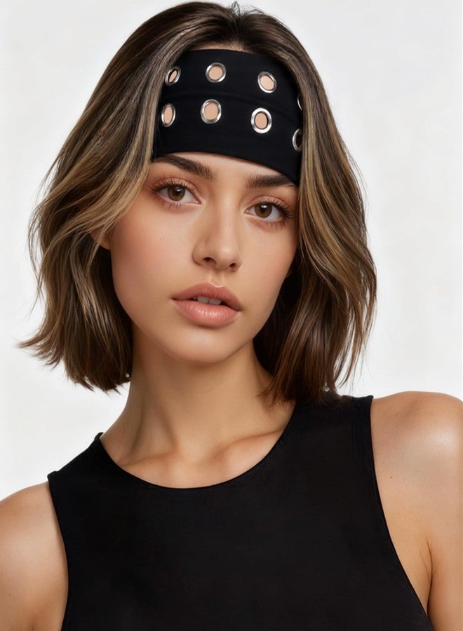 CHLINS 3 Pcs Punk Hollowed Out Eyelets Grunge Wide Headbands for Women Stretchy Metal Rock for Sports Casual Hair Bands Y2K Daily Hair Accessories - Image 4